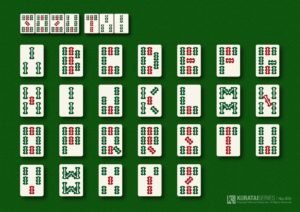 「索子体」＝ 今回は麻雀「牌」で作れないか試してみた。なかでも索子(ソウズ)が展開しやすいだろうと選んだ。牌はもともと数字や文字を表す物なので、そのまま活かせる牌はなるべく崩さず使用。他は規則を作るため、九ソーをベースに最小限の変化で完成させた。